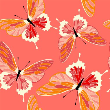 Dikişsiz desen kelebekler ile mercan tasarım renk. Vektör kelebek arka plan