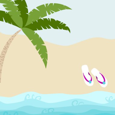 Flip flop ve tropik ağaç kumlu plajda yaz kart tasarımı