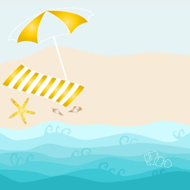 Şemsiye, havlu, deniz yıldızı, kabuk sahilde yaz kart tasarımı