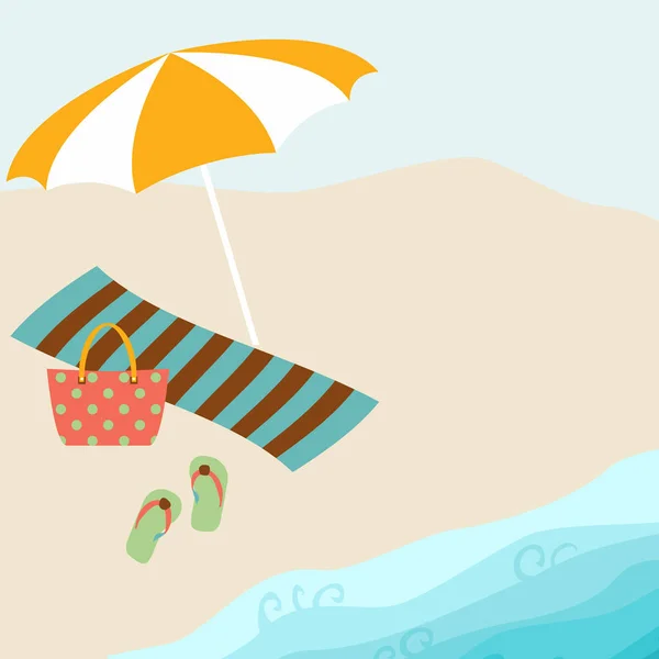 Conception Carte Été Avec Parasol Sac Serviette Pantoufle Sur Plage — Image vectorielle