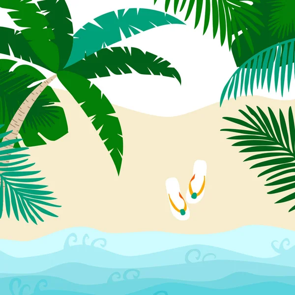 Conception Carte Été Avec Flip Flop Feuilles Tropicales Sur Plage — Image vectorielle