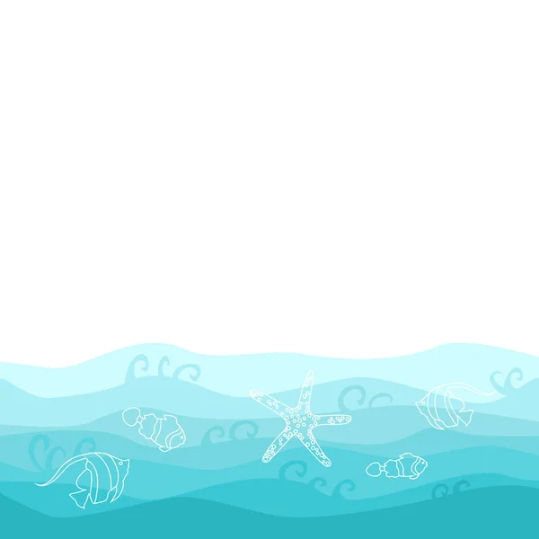Diseño Tarjetas Verano Con Peces Estrellas Mar Océano Ondulado — Vector de stock