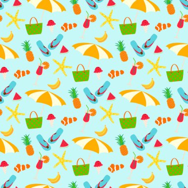 Yaz desen arka plan ile meyve, çanta, yıldız balık ve sandalet. Yaz Dikişsiz amaç yaz simgeler