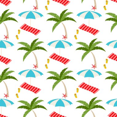 Yaz plaj sorunsuz vektör desen güneş şemsiyesi, havlu ve tatil simgeleri ile.