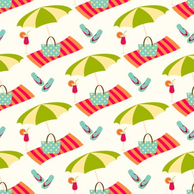 Yaz plaj sorunsuz vektör desen güneş şemsiyesi, havlu ve tatil simgeleri ile.