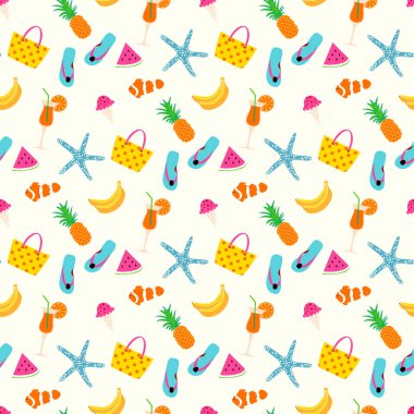 Yaz desen arka plan ile meyve, çanta, yıldız balık ve sandalet. Yaz Dikişsiz amaç yaz simgeler.