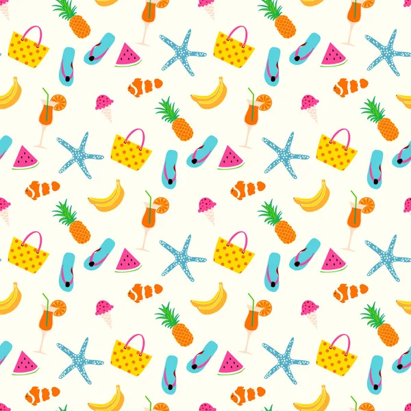 Summer Pattern Background Fruits Bag Star Fish Sandal Summertime Seamless — Stock Vector