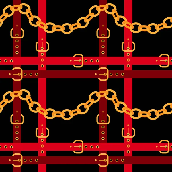 Catena e cintura senza cuciture modello di design. Catene dorate con b rossa — Vettoriale Stock