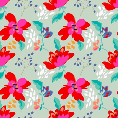 Soyut çiçekler ve yaprakları ile Floral Dikişsiz desen. 