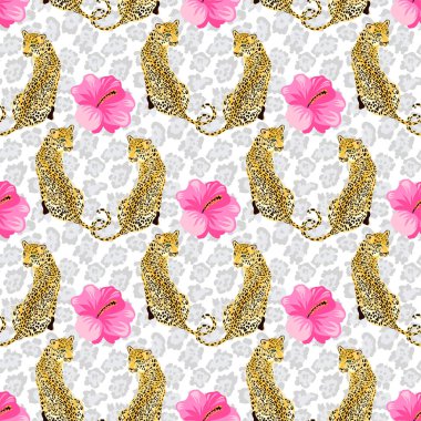 Tropikal çiçekler ile Leopar deri baskı 
