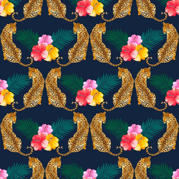 Λεοπαρδαλί εμπριμέ μοτίβο με τροπικά φύλλα και πολύχρωμο ιβίσκο — Διανυσματικό Αρχείο