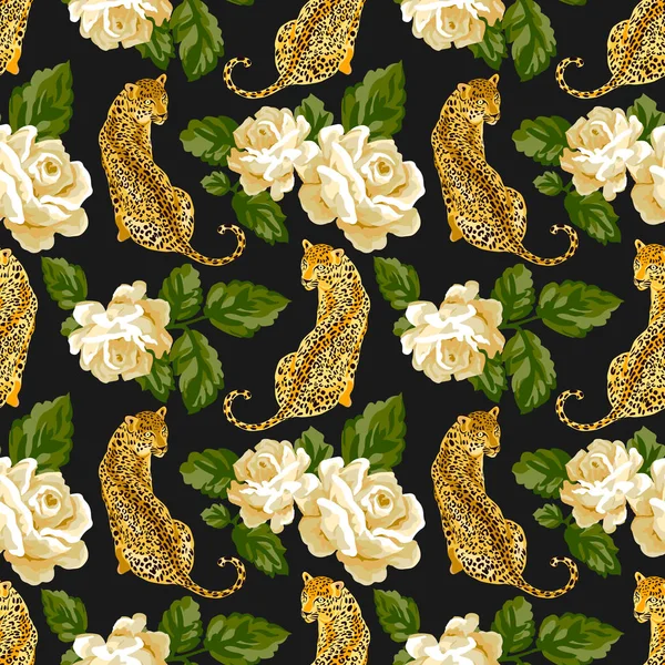 Bezszwowy wzór z róży, liści i Lampart, Jaguar, Tygrys Grafika Wektorowa