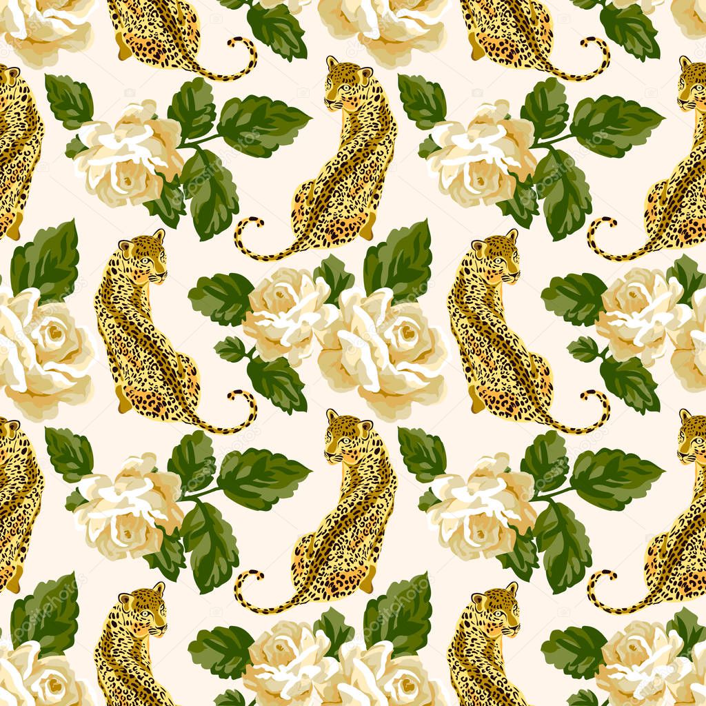 seamless pattern with roses and  leopard