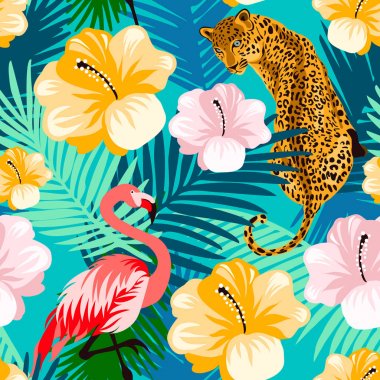 Çiçek orman flamingo, leopar dikişsiz desen. Turkuaz arka planda renkli tropikal yaprakları ve çiçekleri ile hayvan baskı deseni.