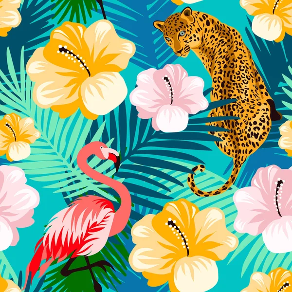 Floral Jungle Flamingo Luipaard Naadloze Patroon Dierlijke Print Patroon Met Stockvector