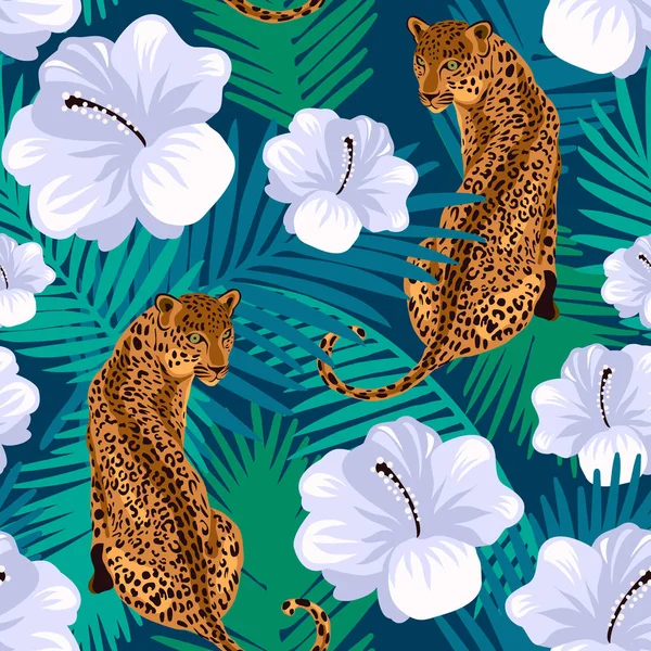 Floral Jungle Leopard Naadloze Patroon Dierlijke Print Patroon Met Tropische Rechtenvrije Stockillustraties