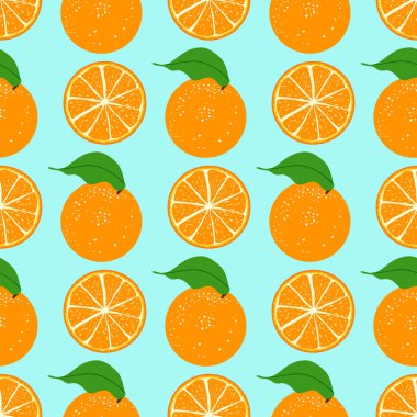 Mavi bir arka plan üzerinde Dikişsiz desen turuncu meyve. Turuncu bütün