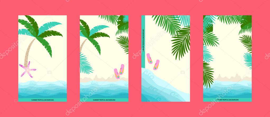 Tropical summer beach creative background pattern  set. Social media stories template design 