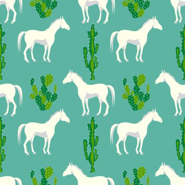 Çölde sevimli at ve kaktüs bitki ile Dikişsiz desen