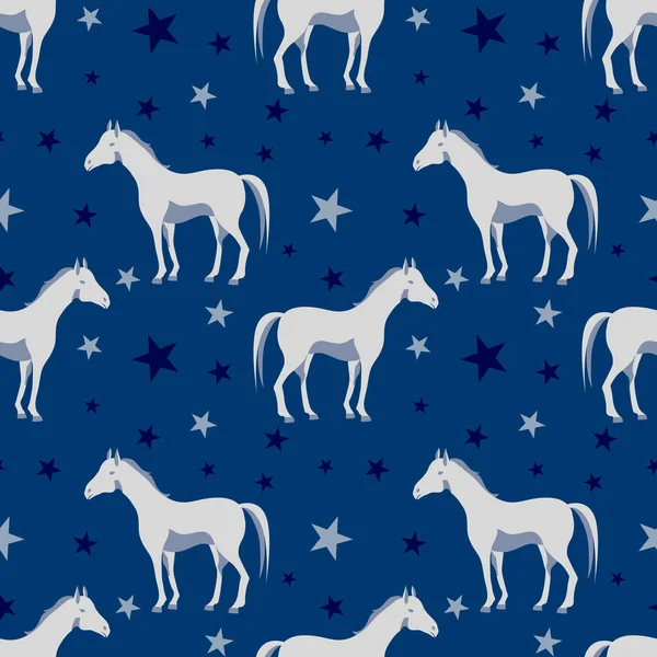 Бесшовный рисунок с лошадью, звезда на глубоком синем фоне. Шве — стоковый вектор