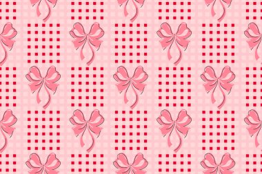 Pink ribbon seamless pattern on a red gingham checkered background. Perfect for your textile design, wallpaper, or gift wrapping paper