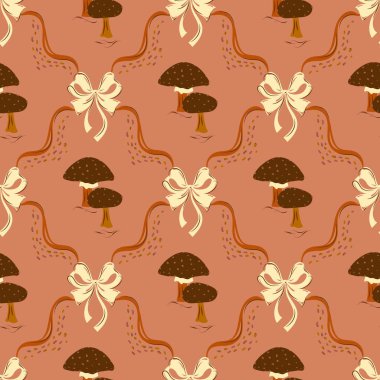 Seamless pattern of mushrooms, ribbons and cute coquette bows a warm brown tones textured background