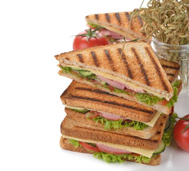 Salatalık, peynir ve beyaz zemin üzerine jambon ile sandviç