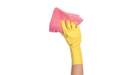 Beyaz arka plan üzerinde izole bez ile sarı eldiven El