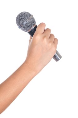 eldeki mikrofon beyaz arkaplanda izole edildi