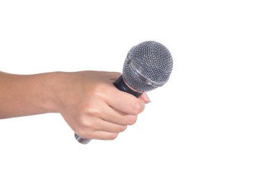 eldeki mikrofon beyaz arkaplanda izole edildi