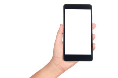 Beyaz arkaplanda el ele tutuşan akıllı telefon izole edildi