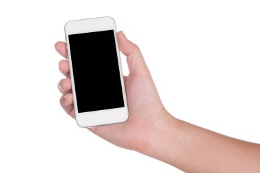 Beyaz arkaplanda el ele tutuşan akıllı telefon izole edildi