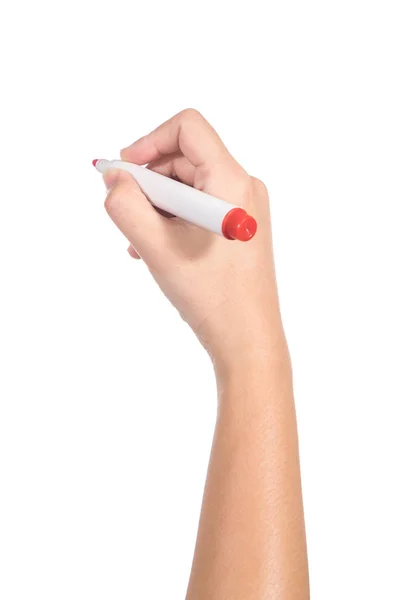 Жіноча Рука Тримає Червоний Маркер Ізольовано Білому Тлі — стокове фото