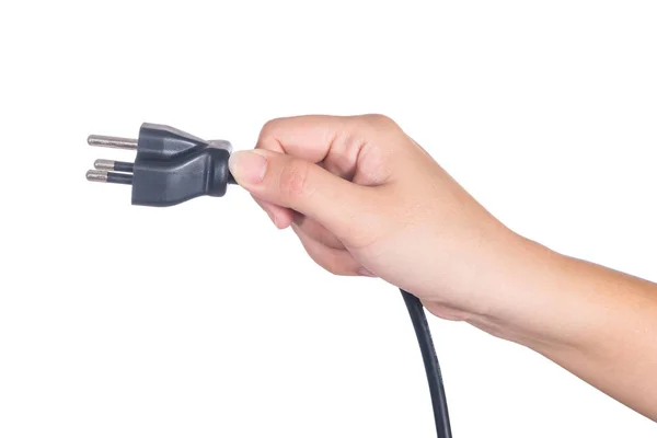 Hand Houden Elektrische Stekker Geïsoleerd Witte Achtergrond — Stockfoto