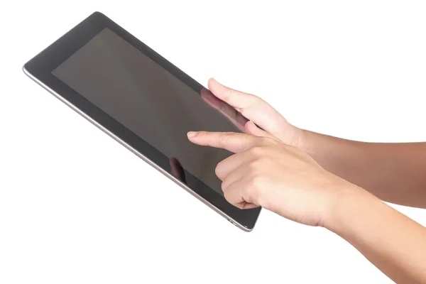 Närbild Handen Håller Tablett Isolerade Vit Bakgrund — Stockfoto