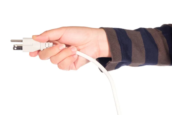 Ręczne Trzymanie Wtyczki Elektrycznej Izolowane Białym Tle — Zdjęcie stockowe