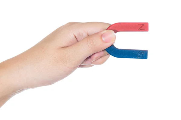 Vrouwelijke Hand Hebt Rode Blauwe Magneet Geïsoleerd Witte Achtergrond — Stockfoto