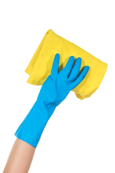 Γυναικείο Χέρι Μπλε Γάντι Κρατώντας Κίτρινο Κουρέλι Που Απομονώνονται Λευκό — Φωτογραφία Αρχείου