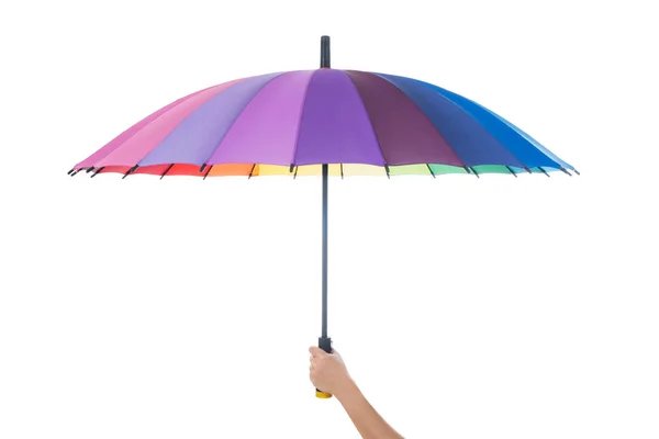 Female Hand Holding Colorful Umbrella Isolated White Background — Stock Photo, Image