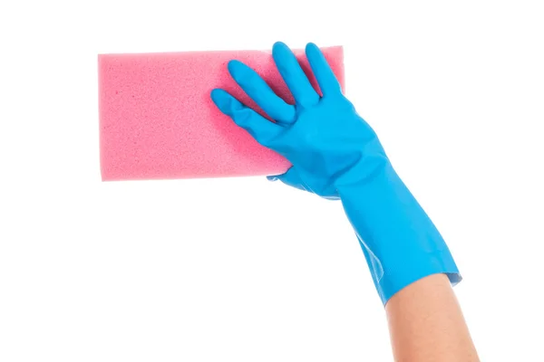 Χέρι Γάντι Γαλάζιο Ροζ Σφουγγάρι Που Απομονώνονται Λευκό Φόντο — Φωτογραφία Αρχείου