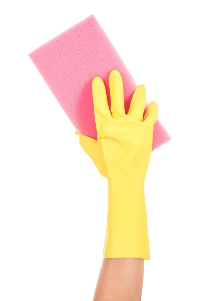 手在黄色手套与粉红色海绵隔离白色背景 — 图库照片