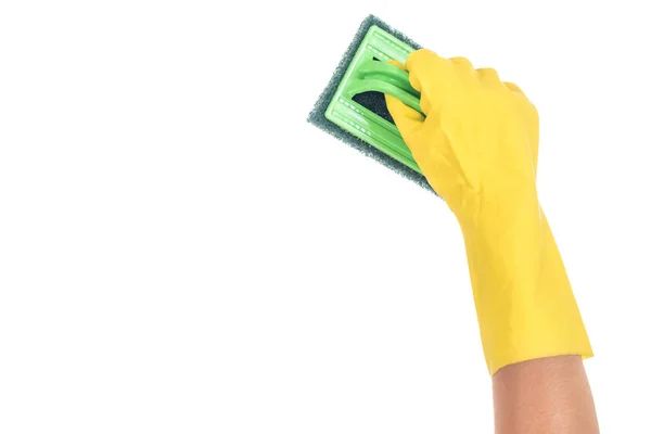 Χέρι Κίτρινο Γάντι Κρατώντας Ένα Σφουγγάρι Πιάτων Απομονωθεί Λευκό Φόντο — Φωτογραφία Αρχείου