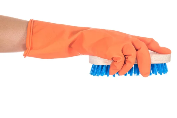 Χέρι Πορτοκαλί Γάντι Κρατώντας Πινέλο Πλυντήριο Που Απομονώνονται Λευκό Φόντο — Φωτογραφία Αρχείου