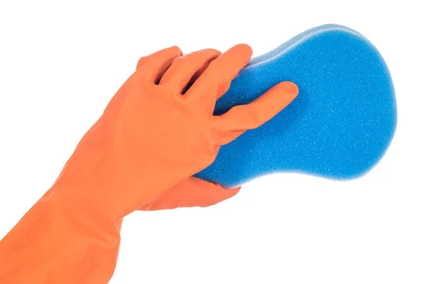 Hand Oranje Handschoen Met Blauwe Spons Geïsoleerd Witte Achtergrond — Stockfoto