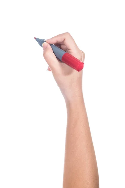 Vrouwelijke Hand Met Een Blauwe Marker Geïsoleerd Witte Achtergrond — Stockfoto