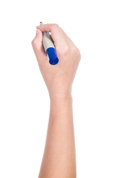 Weibliche Hand Mit Blauem Marker Auf Weißem Hintergrund — Stockfoto