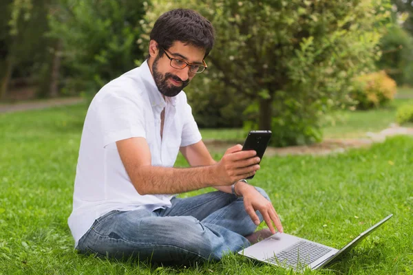 Young Happy Smiling Man Working Laptop Cellphone Outdoors — Stock Photo, Image