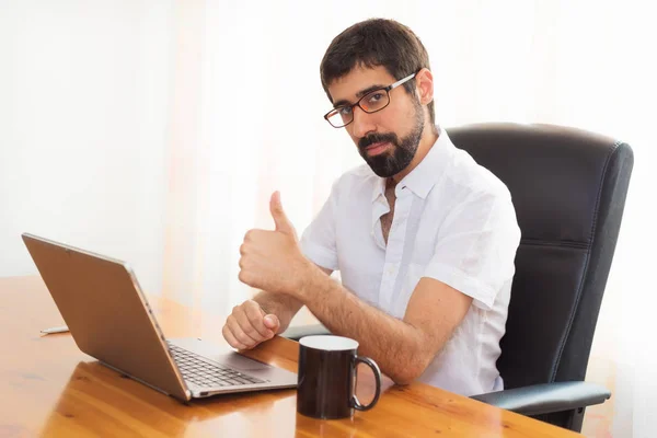 Portrait Handsome Hipster Guy Working Office — Stock Photo, Image