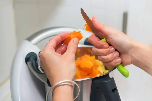 Woman Hands Preparing Pumpkin Puree Cook Machine — Stock Photo, Image