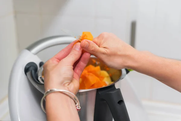 Woman Hands Preparing Pumpkin Puree Cook Machine — Stock Photo, Image